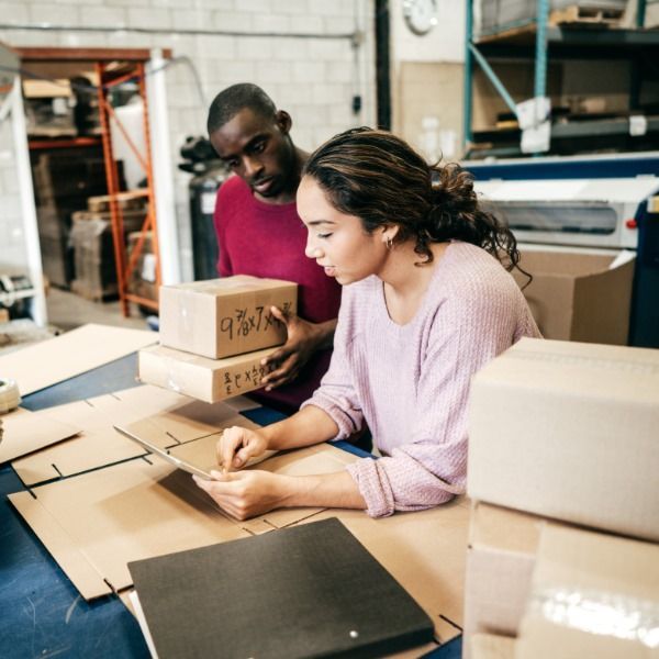 Two people are packing boxes while looking at a tablet screen.