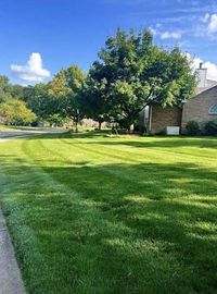 A lush green lawn in front of a house with a blue sky in the background.