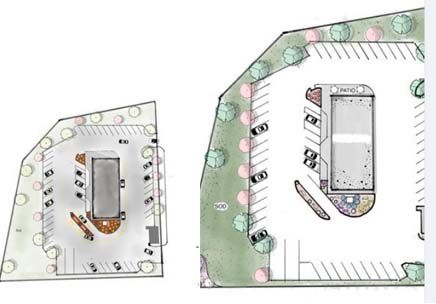 A drawing of a building and a parking lot.