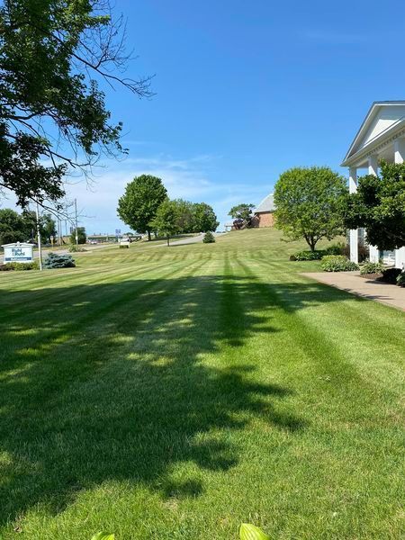 A lush green lawn with a white house in the background.