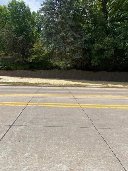 A road with trees on the side of it and a concrete curb.