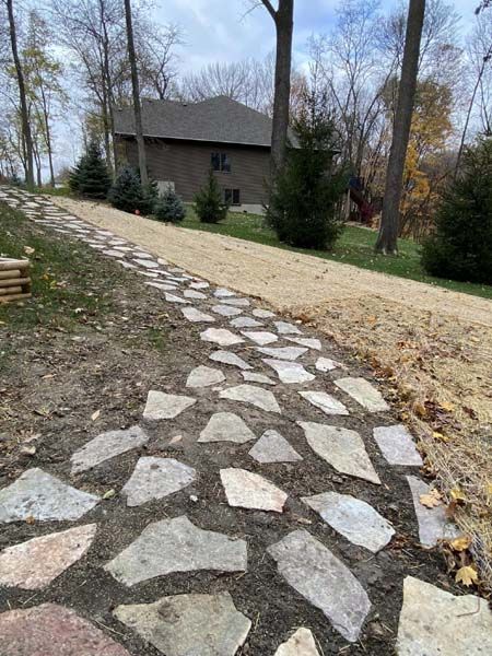 A stone walkway leading to a house in the woods.