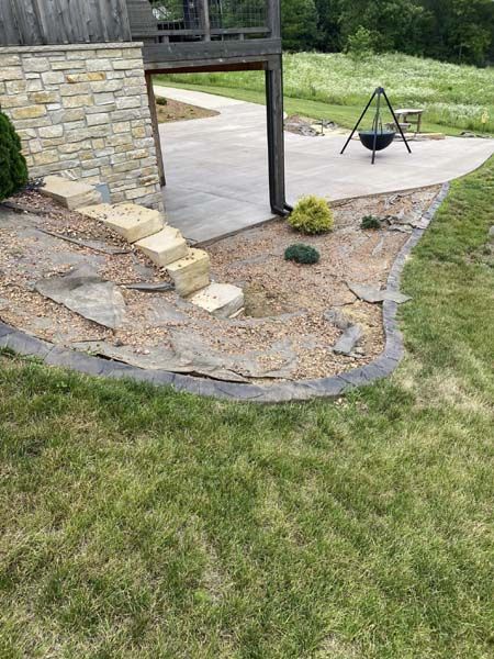 There is a fire pit in the backyard of a house.