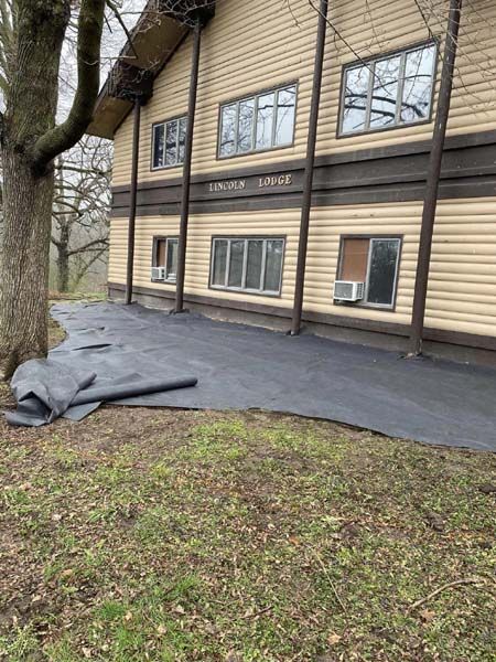 A large building with a lot of windows and a tree in front of it.