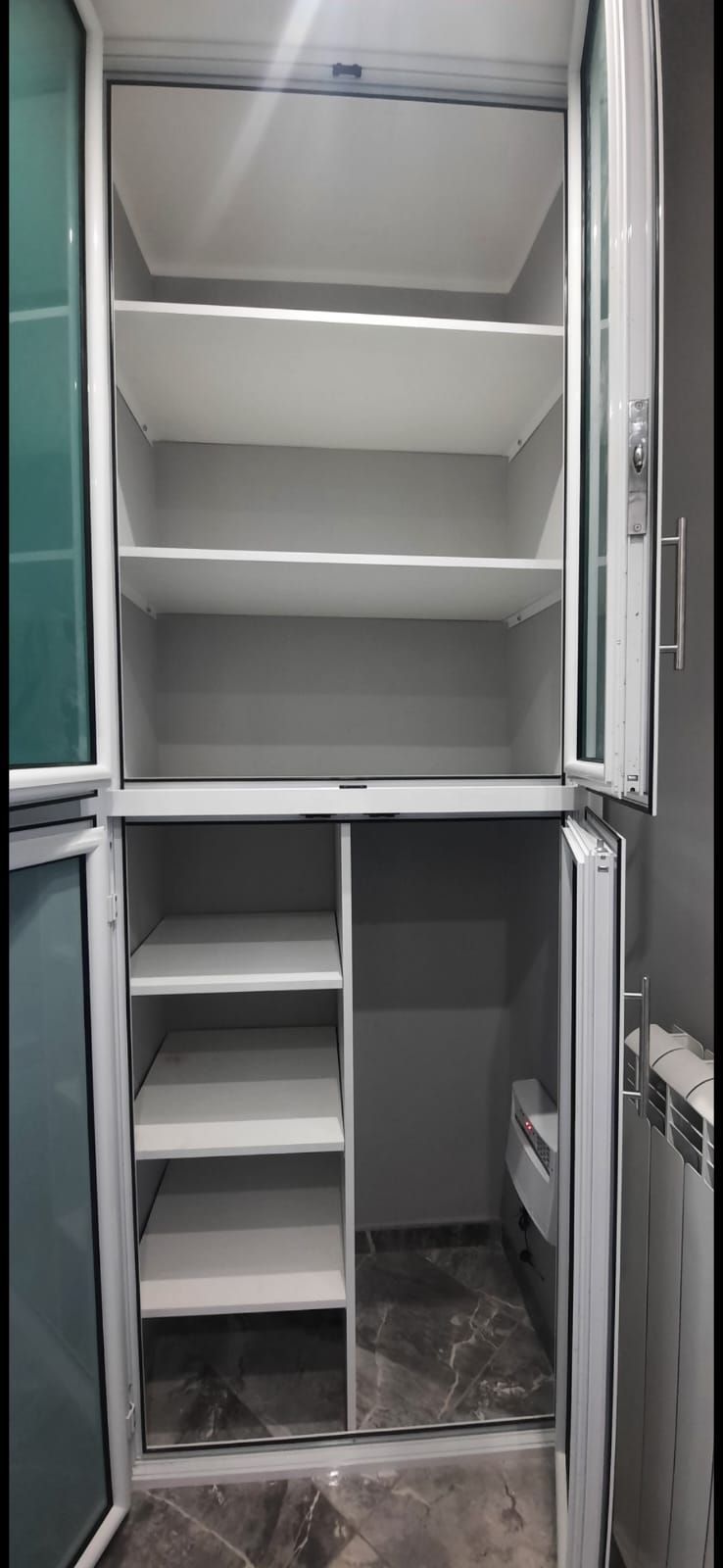 Un armadio con scaffali e un water al suo interno.