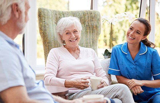 Senior Couple Sitting and Talking With Nurse — Kenosha, WI — Home Care Services