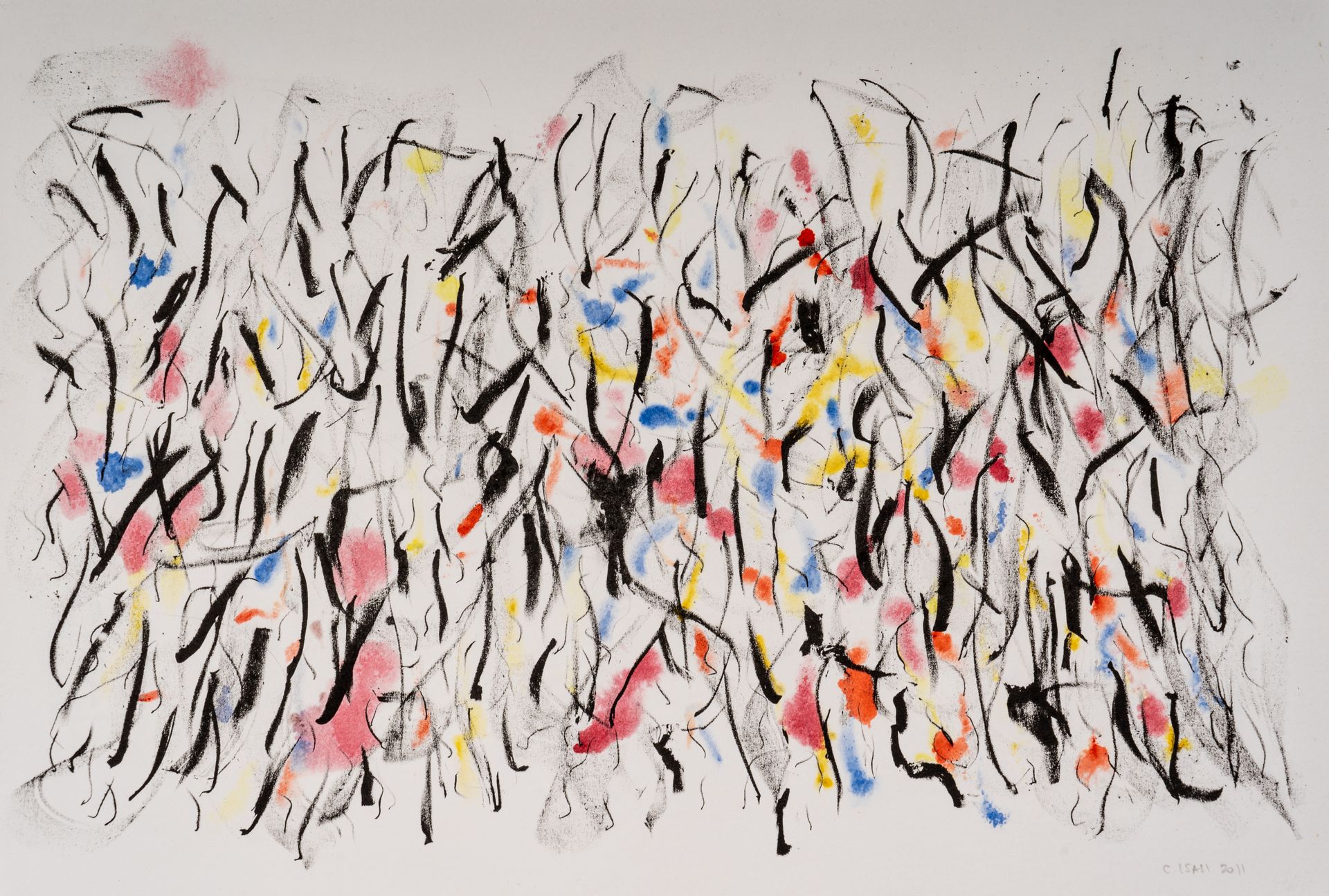 A painting of a bunch of different colored lines on a white background