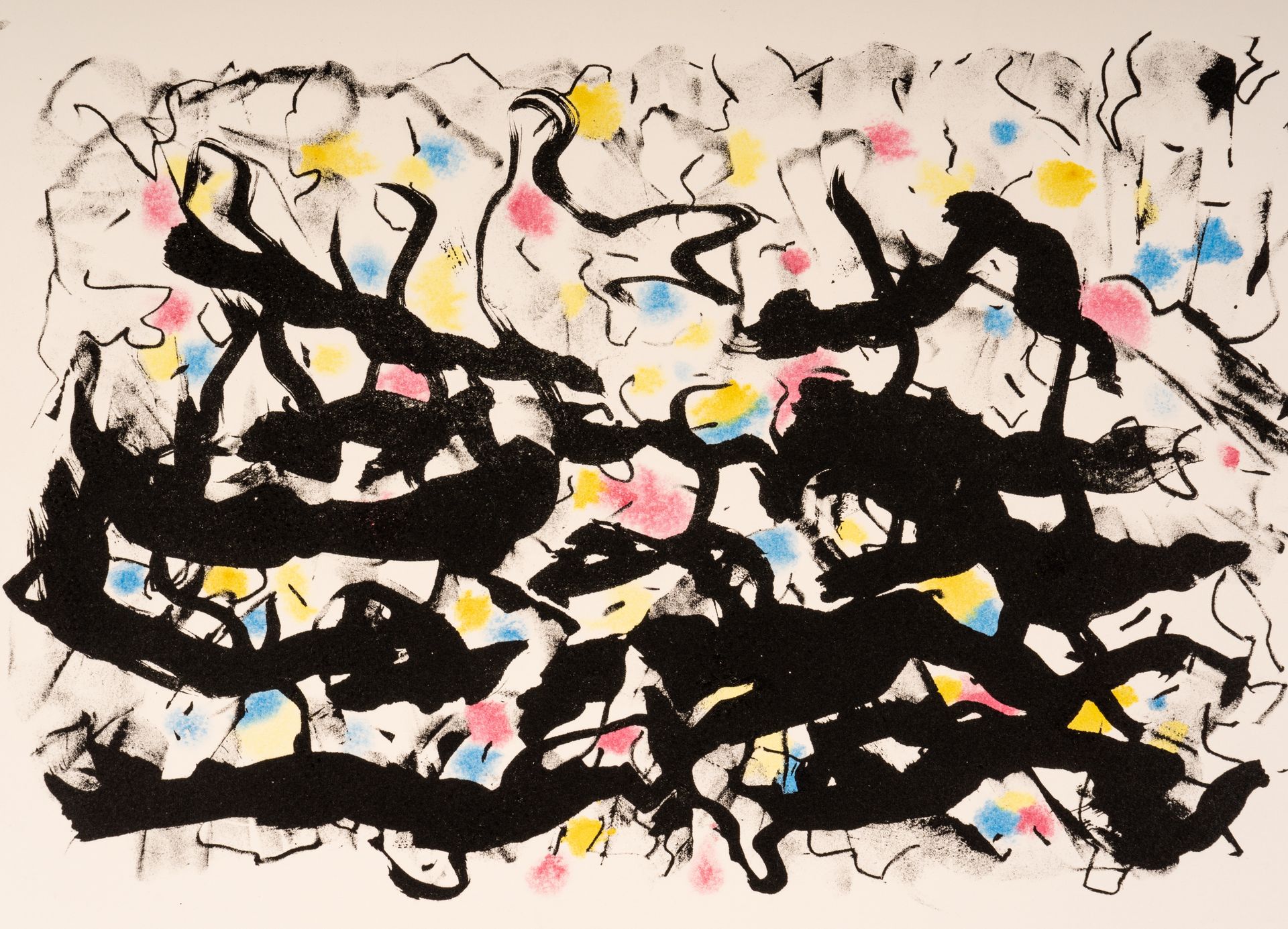 A black and white painting with yellow and blue spots