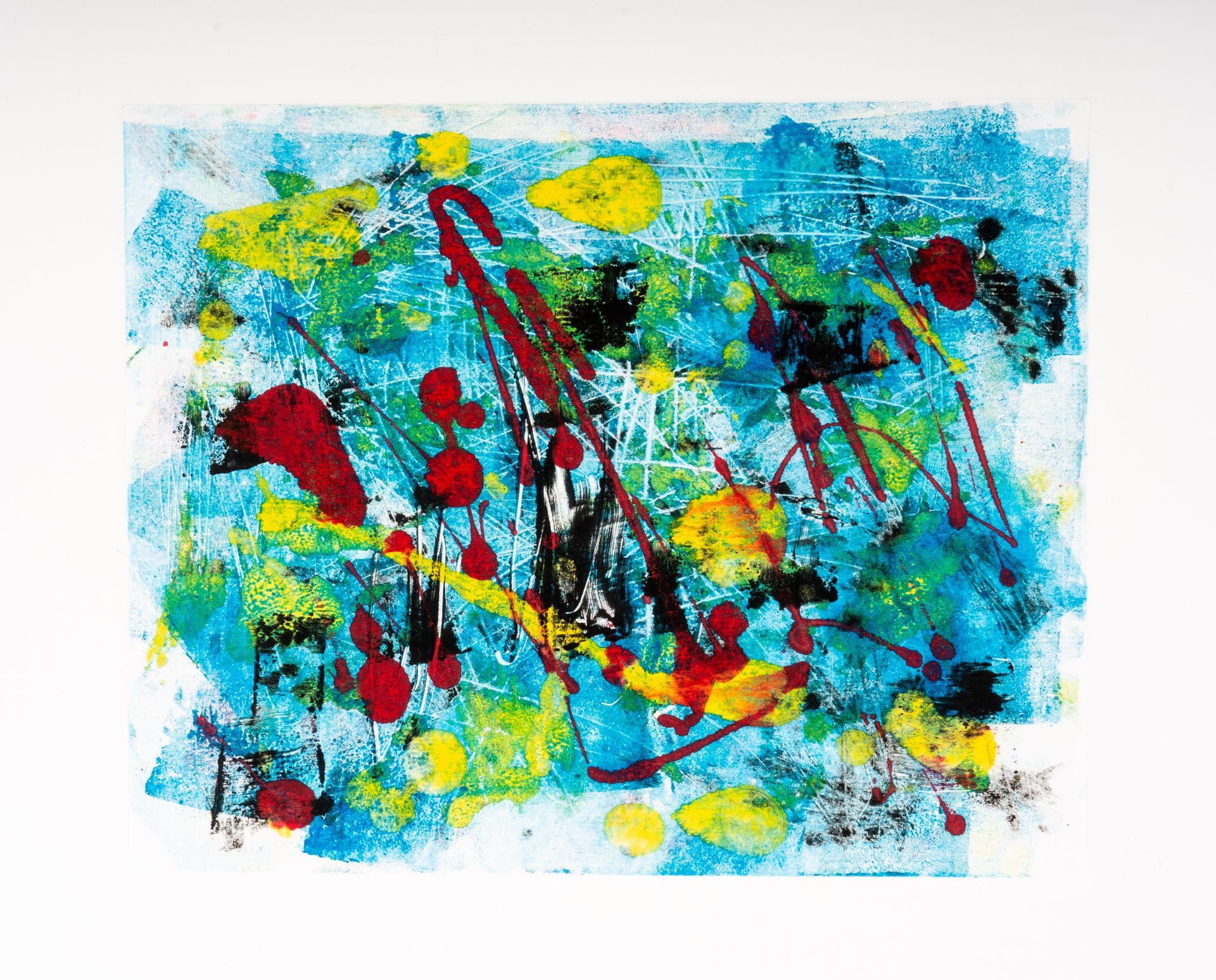 A blue and yellow painting with red spots on it