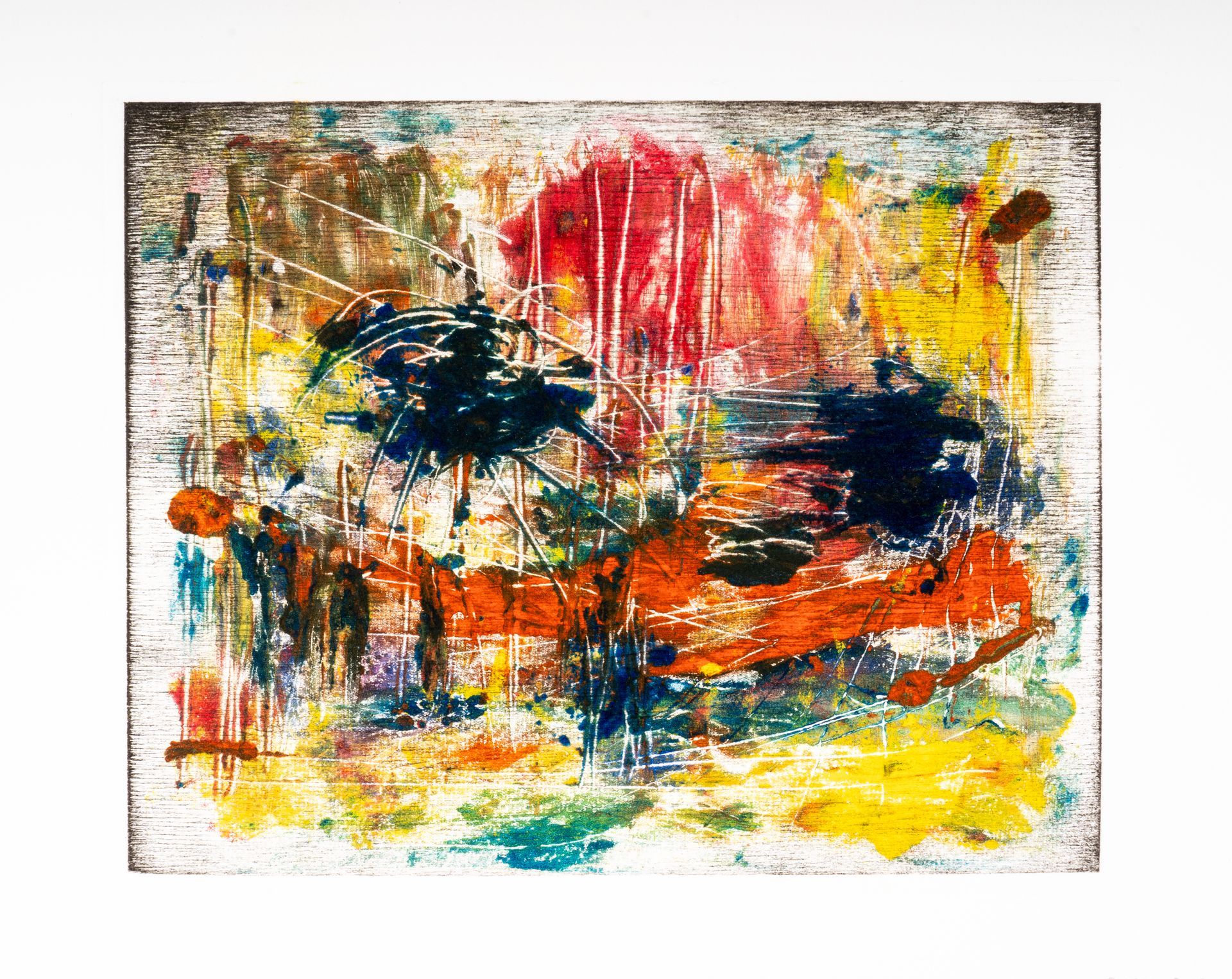 A colorful painting with a white frame on a white background