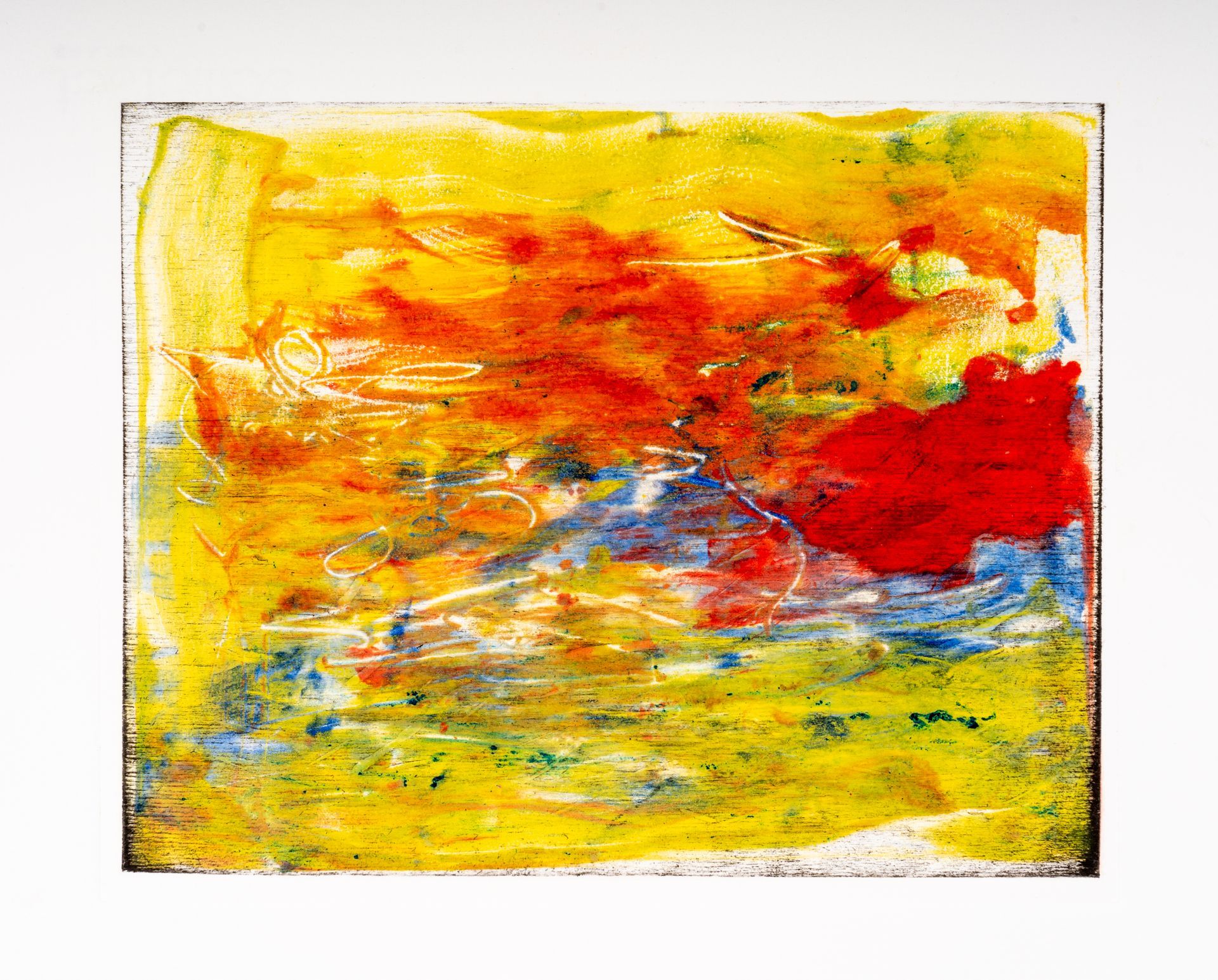A yellow and red painting on a white background