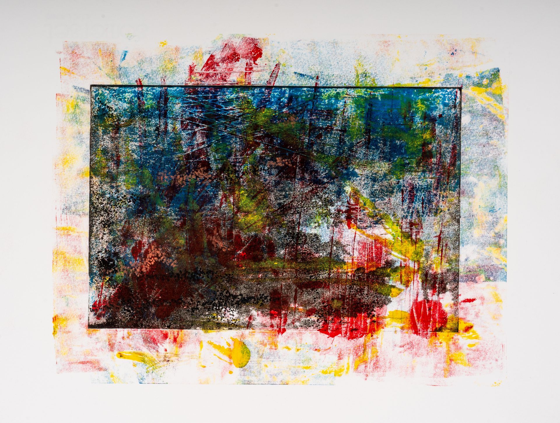 A close up of a colorful painting on a white surface.