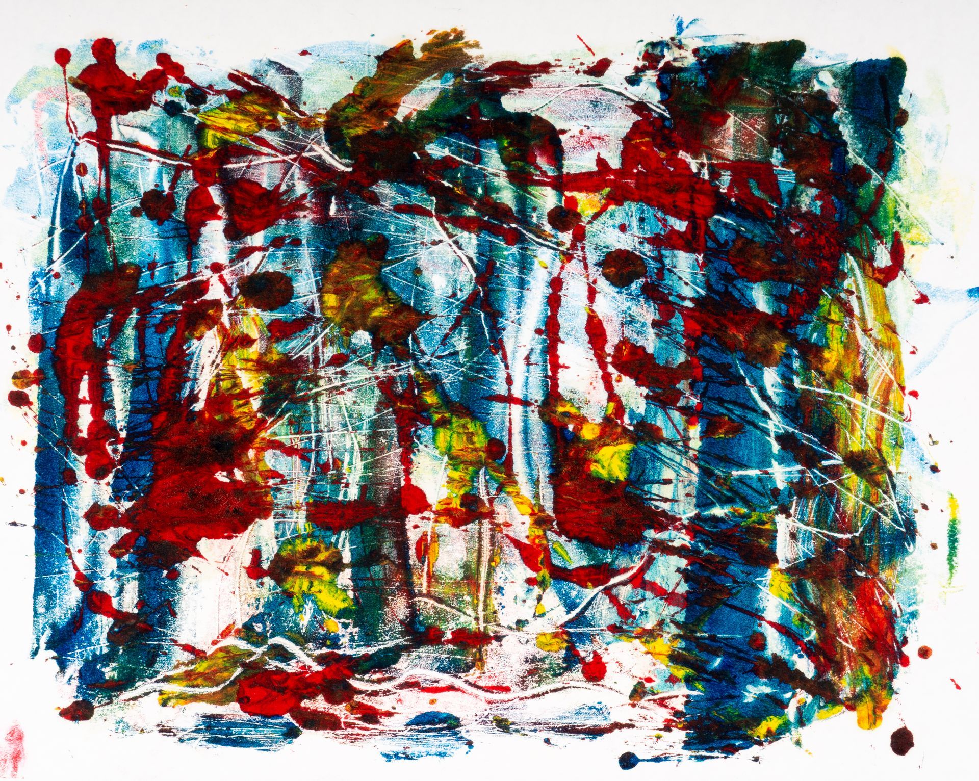 A colorful painting on a white background with red yellow and blue spots