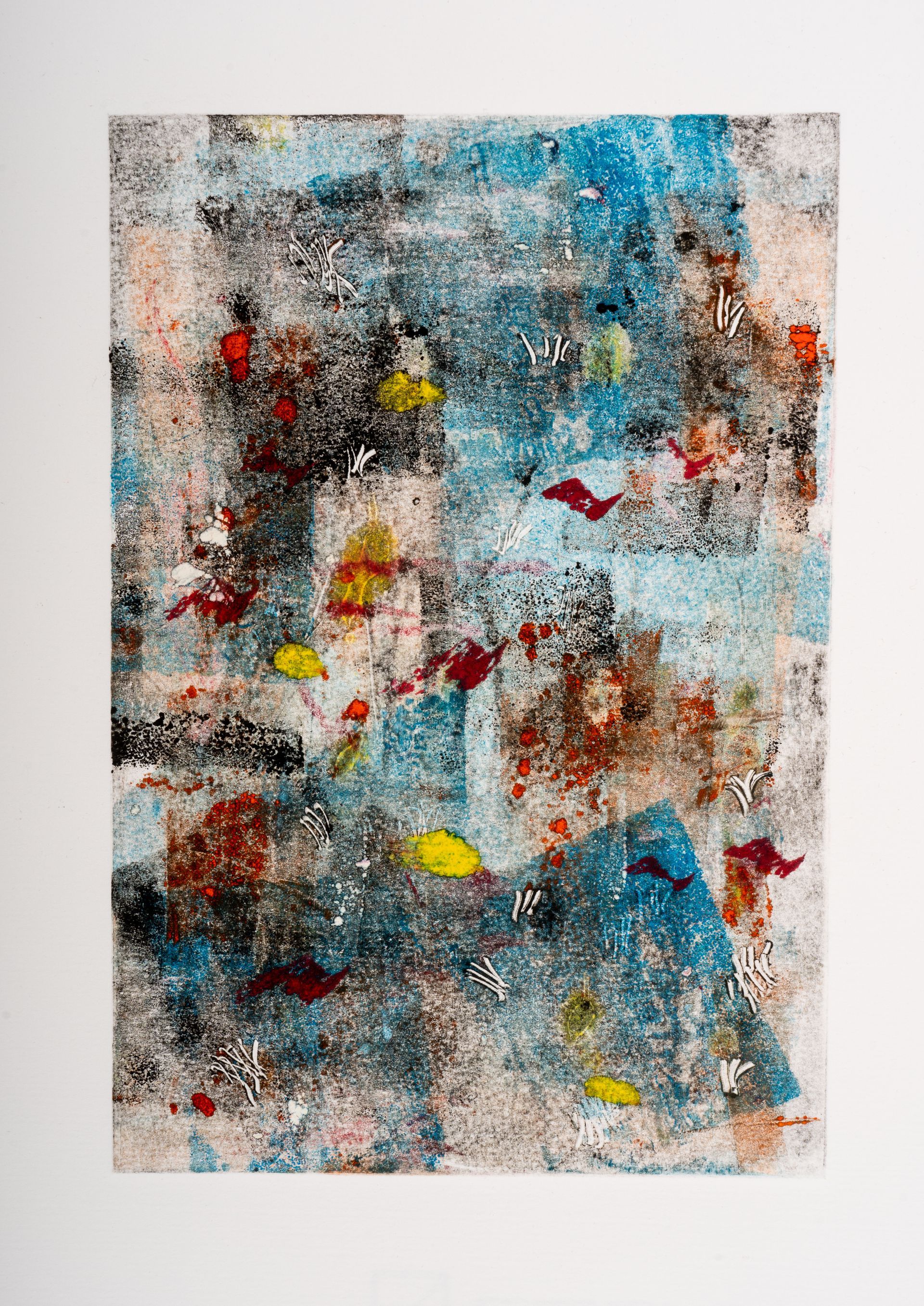 A close up of a colorful painting on a white background.