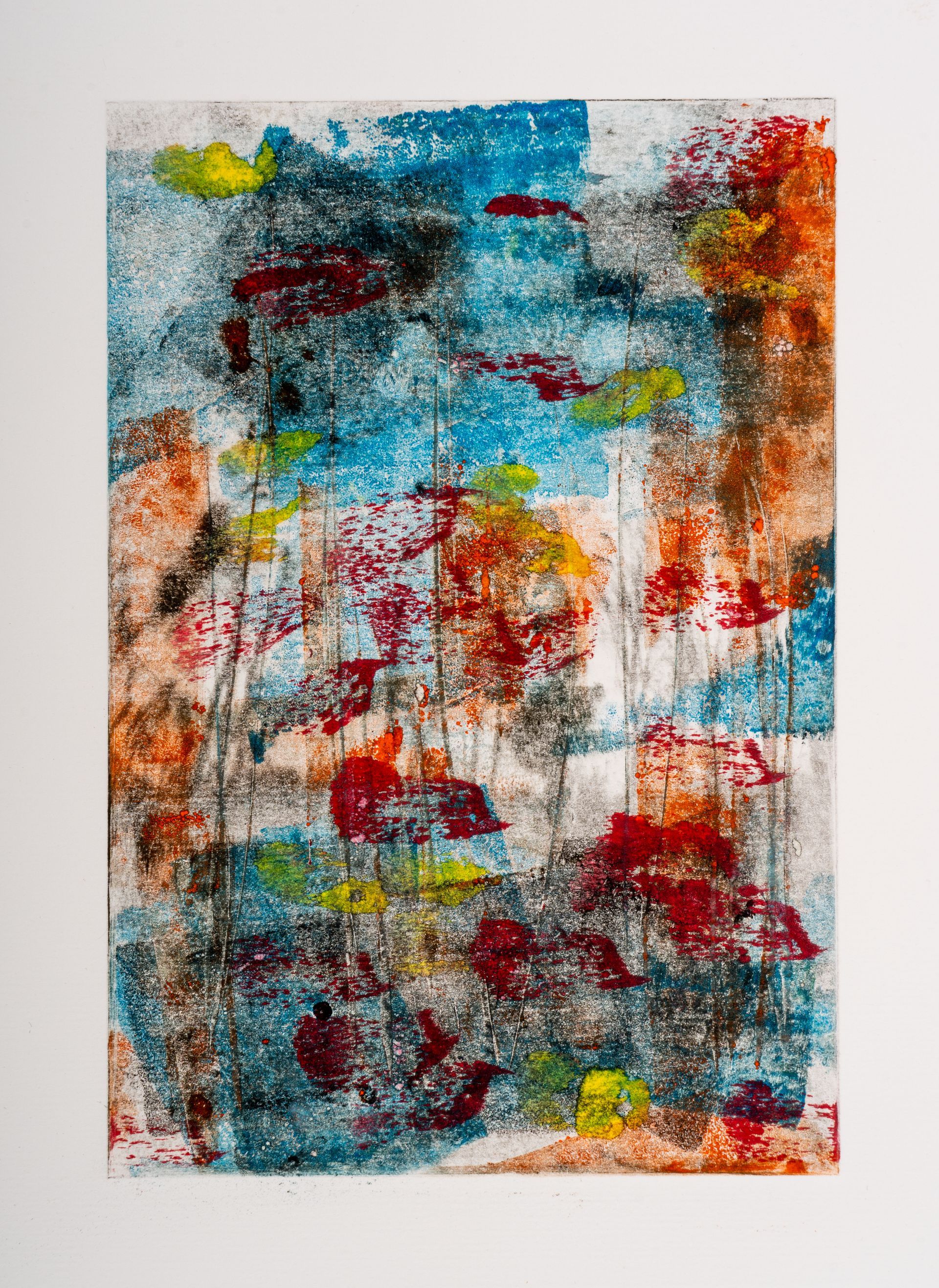 A close up of a colorful painting on a white wall.