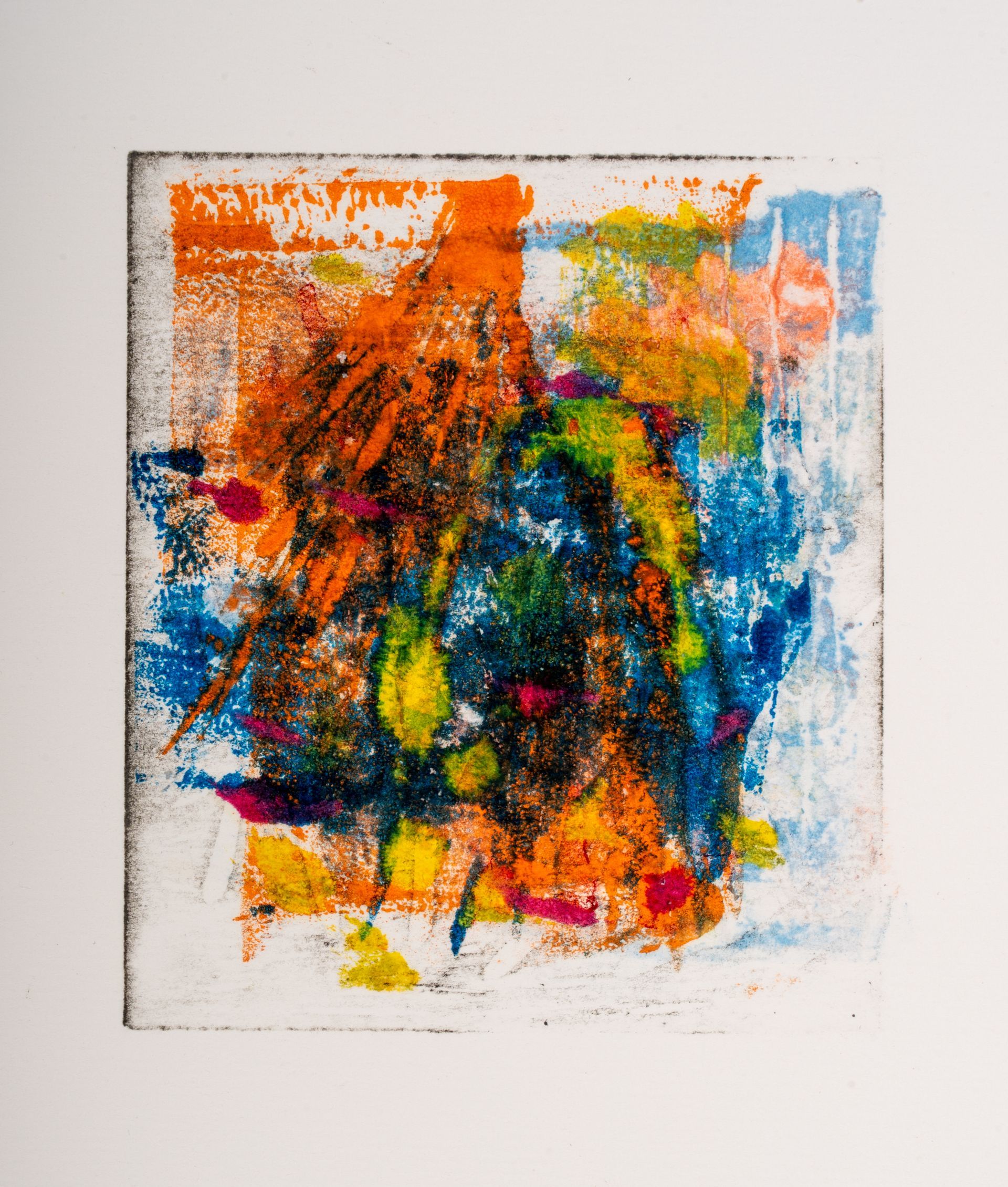 A colorful painting is on a white surface