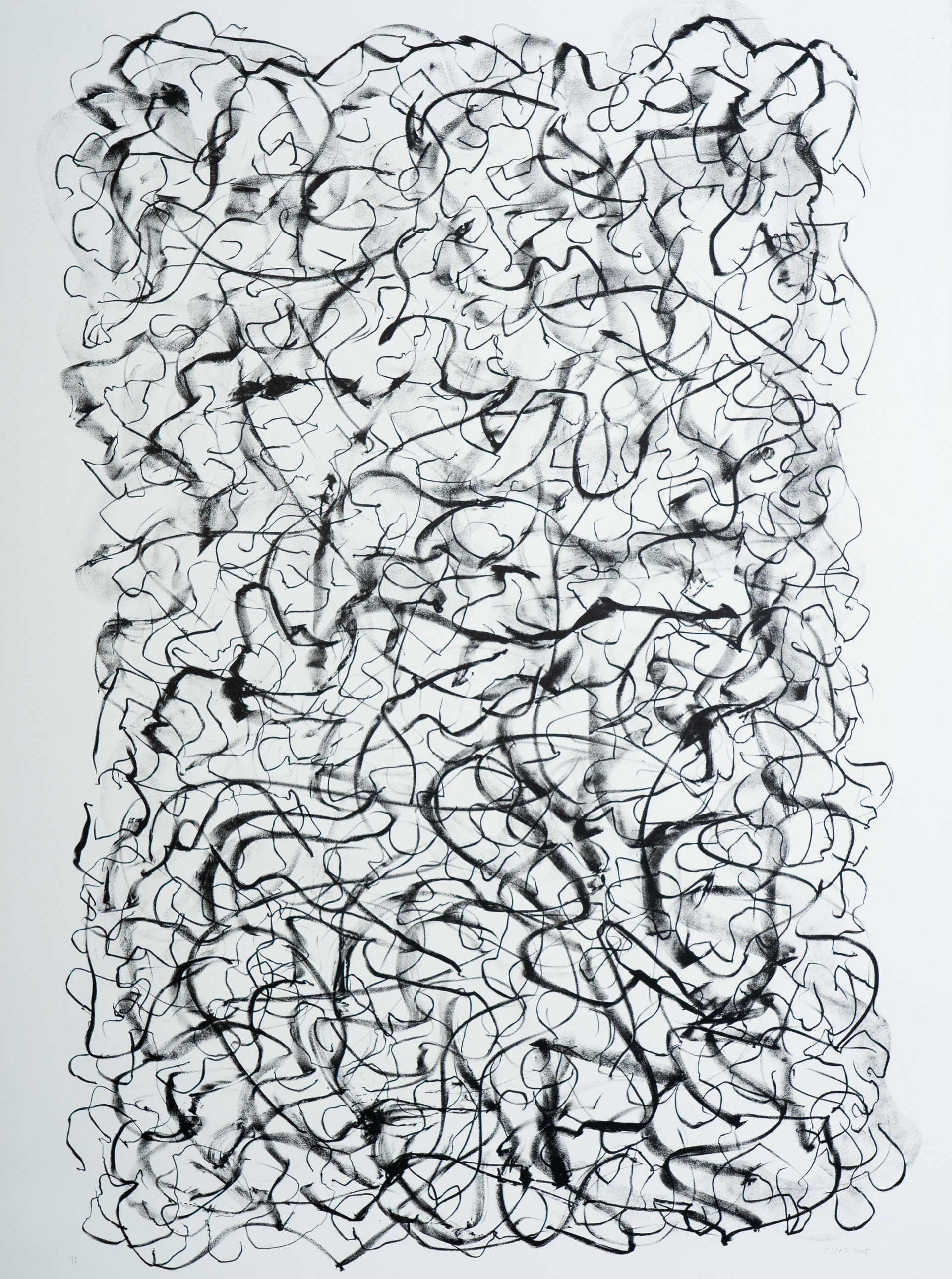 A black and white drawing of a swirling pattern on a white background.