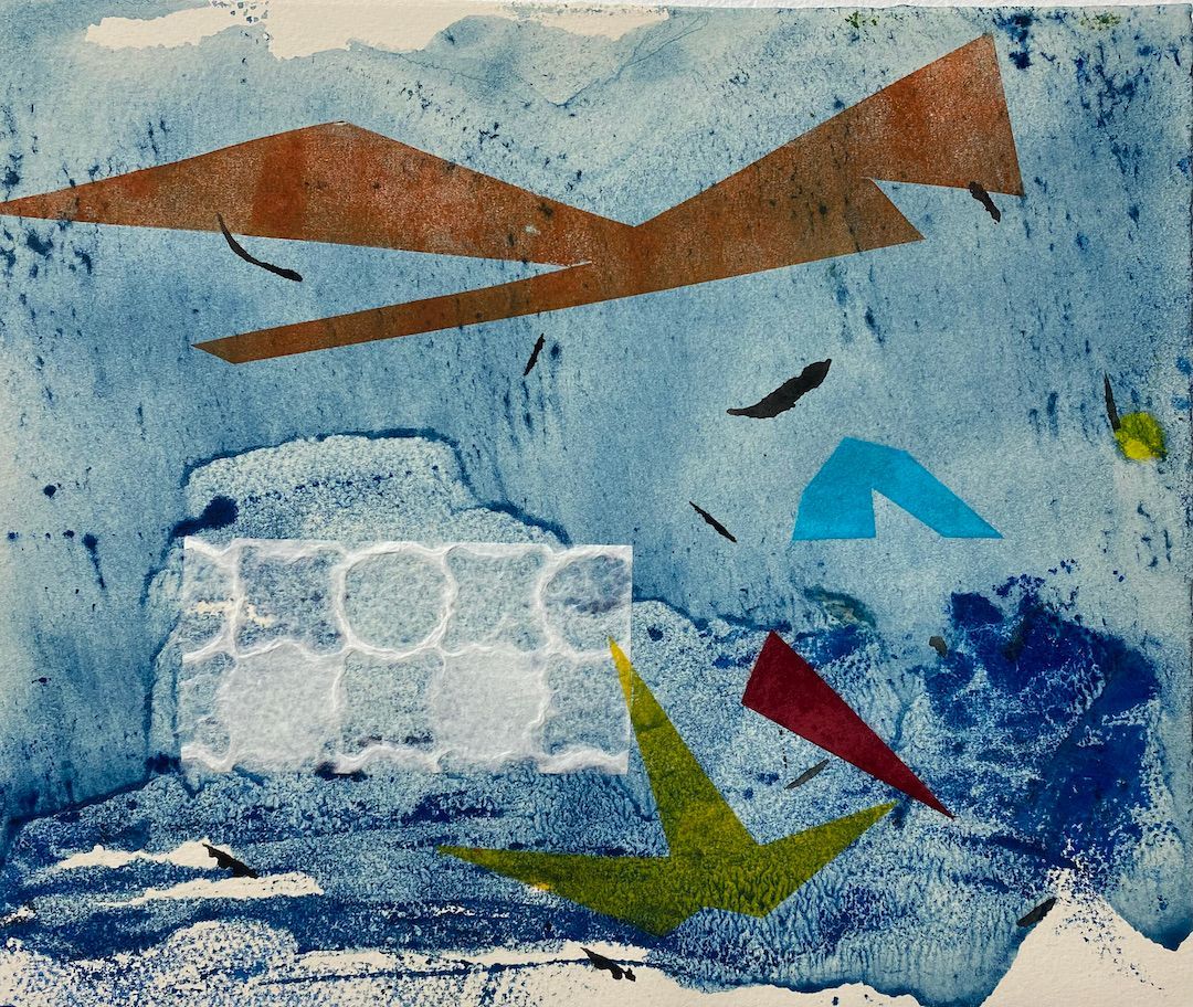 A painting with a blue background and a few triangles on it