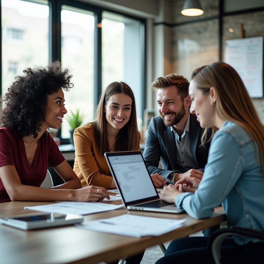 Four diverse colleagues collaborate around a laptop at a table in a bright office. They smile, and papers and phones are present.