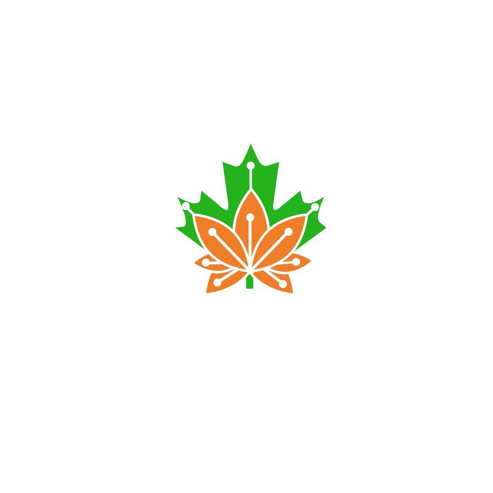 Green and orange maple leaf with tech circuit design.