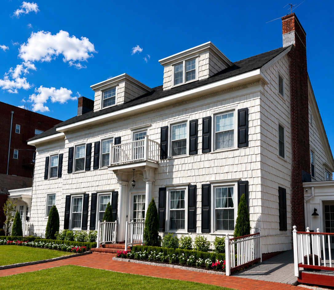Colonial-style brick building with red shutters, white columns, and a porch beside a lawn