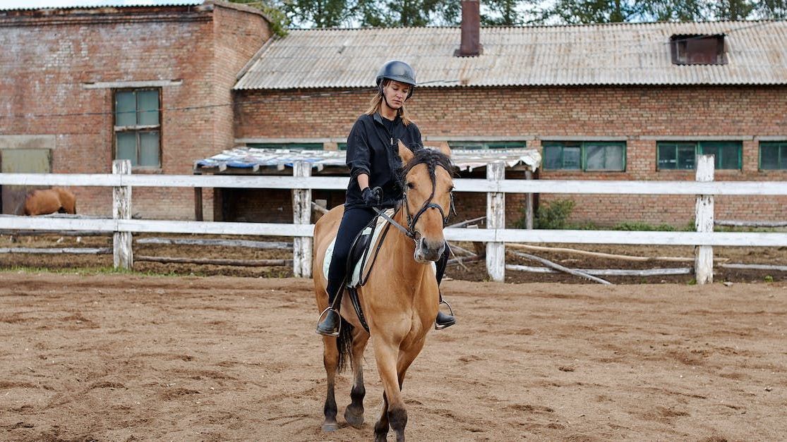 Person riding a light brown horse in a sandy arena with a brick building and wooden fence in the background.