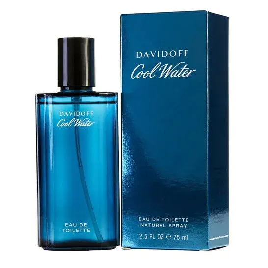 A bottle of davidoff cool water next to a box.