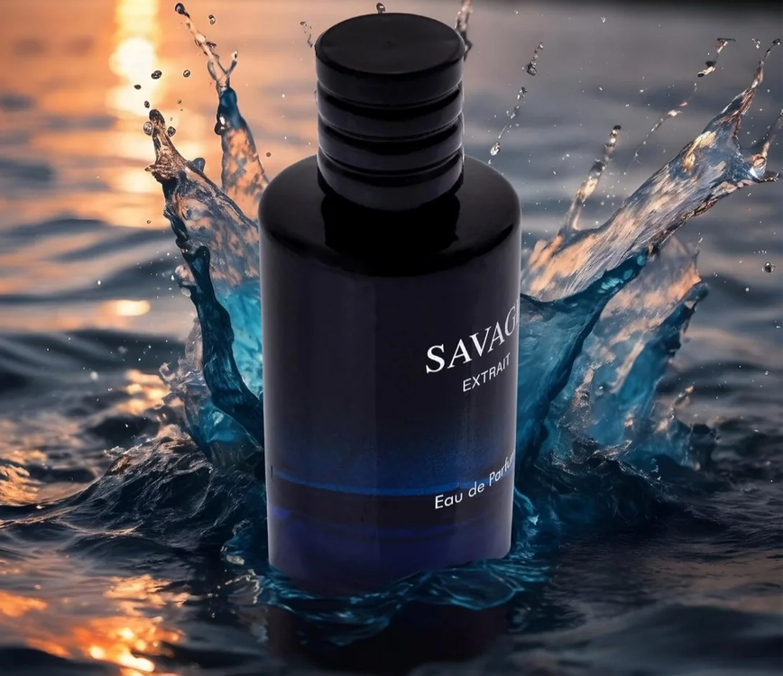 A bottle of sava cologne is splashing in the water