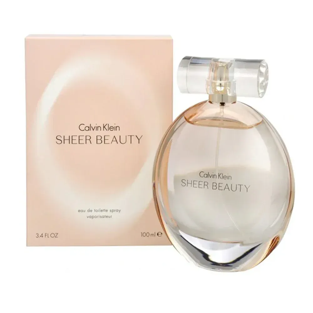 A bottle of calvin klein sheer beauty next to its box