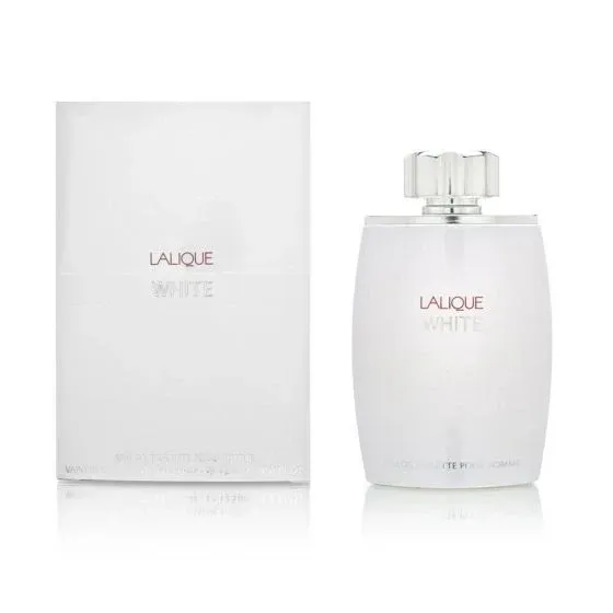 A white bottle of perfume next to a white box.