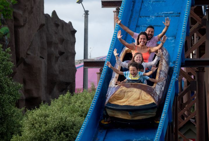 a group of people are riding a roller coaster at an amusement park .