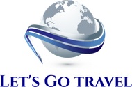the logo for let 's go travel shows a globe with a blue ribbon around it .