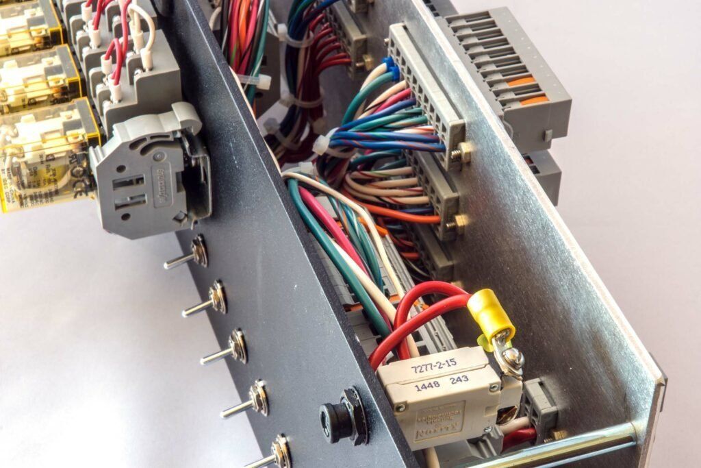 A bunch of wires are coming out of a metal box