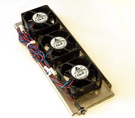 A row of four fans on a stainless steel tray