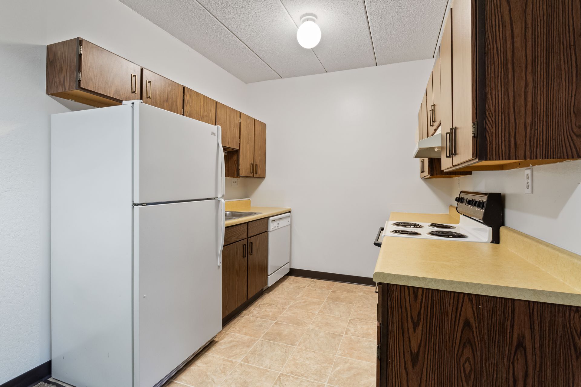 A kitchen with a refrigerator , stove , dishwasher and cabinets.