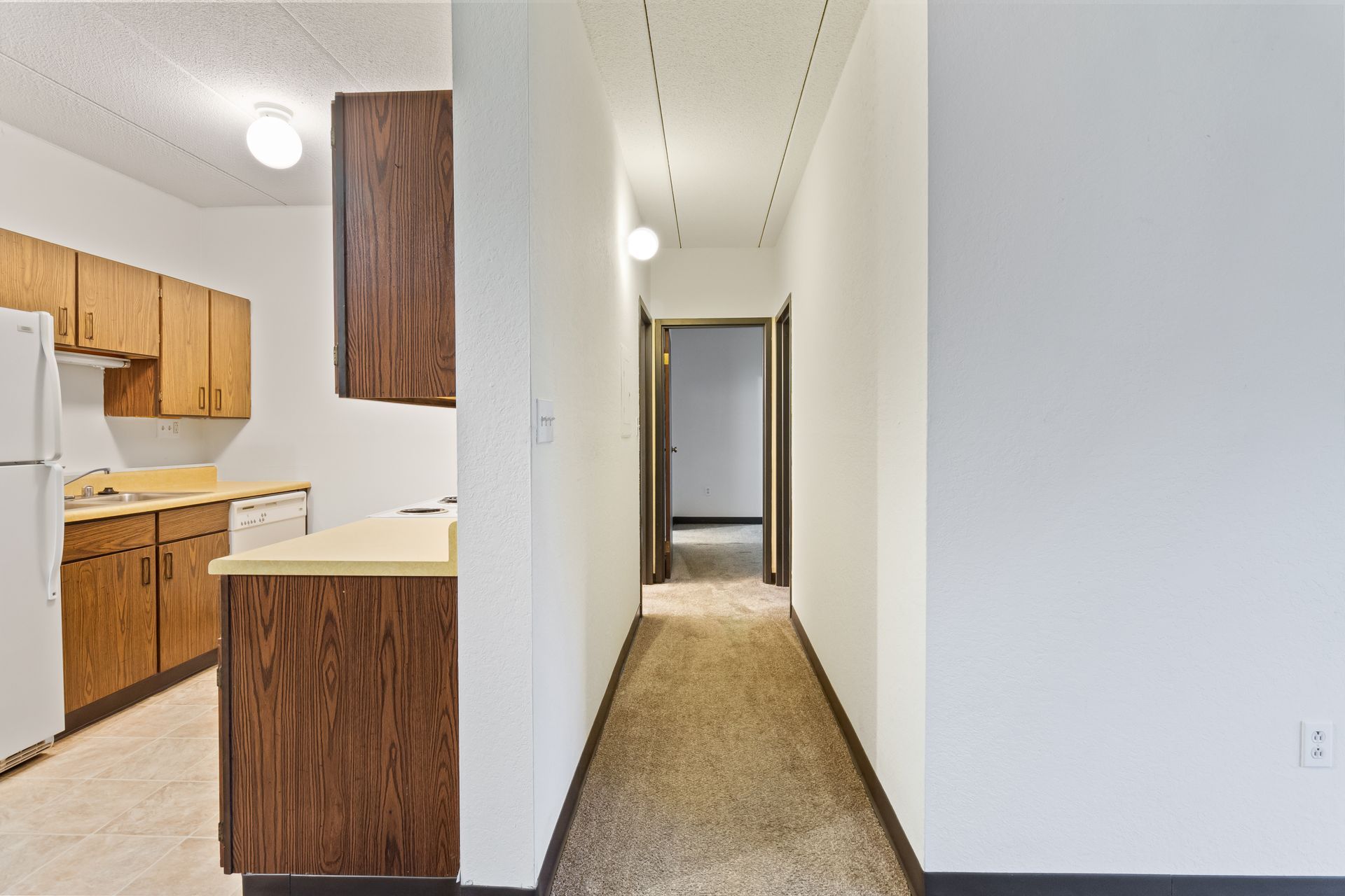A long hallway leading to a kitchen with wooden cabinets