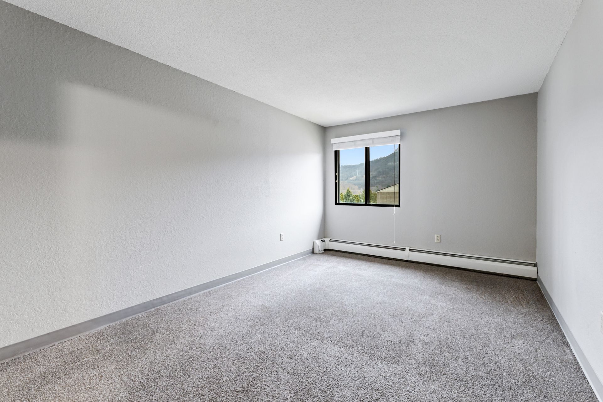 An empty bedroom with a window and a gray carpet.