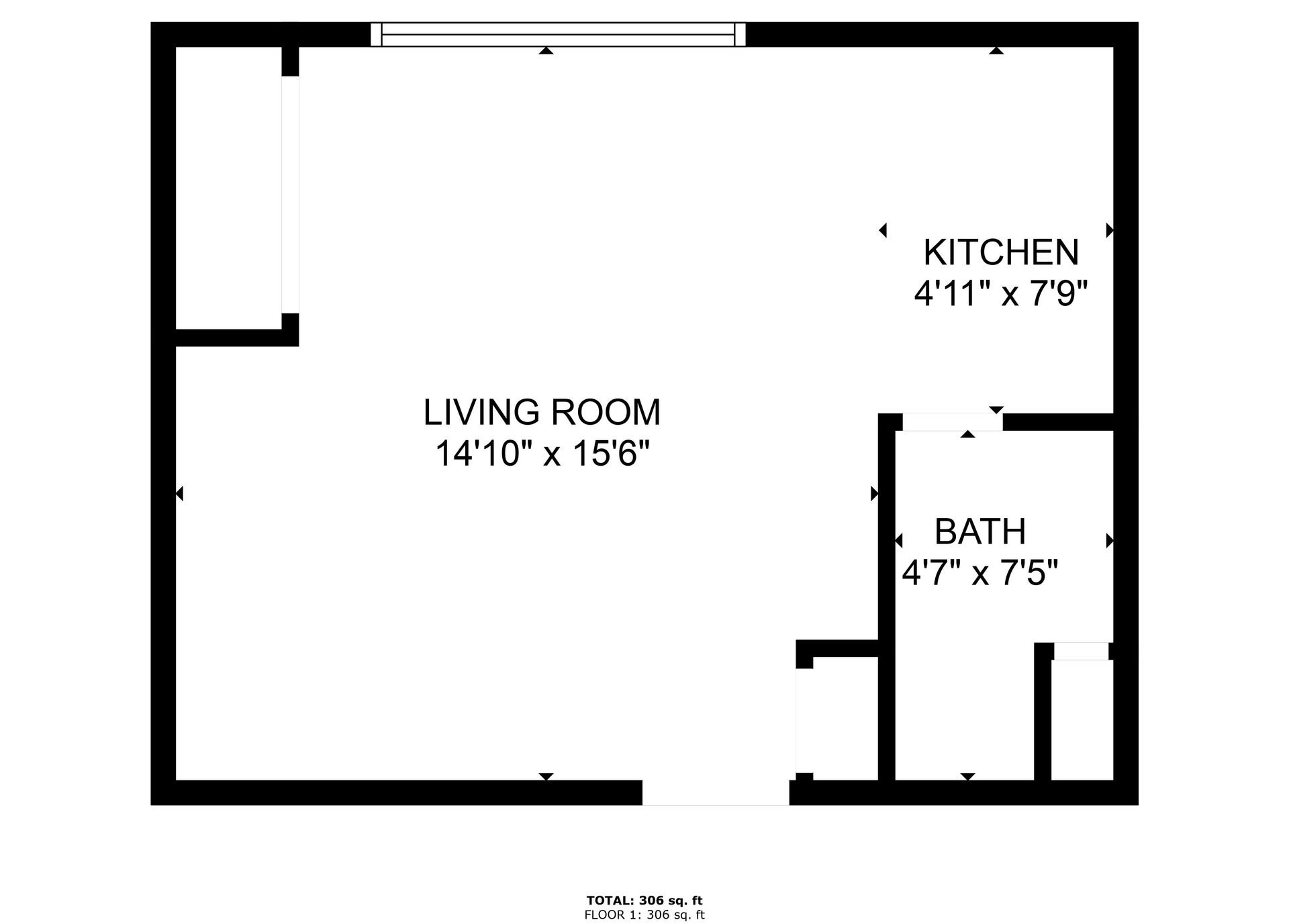 A black and white floor plan of a living room , kitchen , and bath.