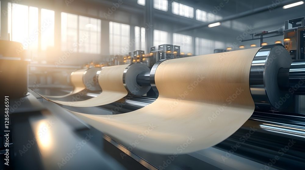 Paper manufacturing machine, rolls of paper being processed in a bright industrial setting.