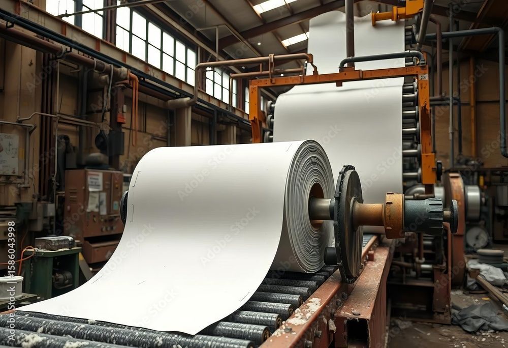 Large roll of white paper being processed in a factory setting.