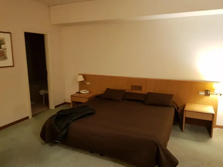Una camera d'albergo con un grande letto con lenzuola marrone scuro, due comodini, una testiera in legno e una porta che conduce al bagno.