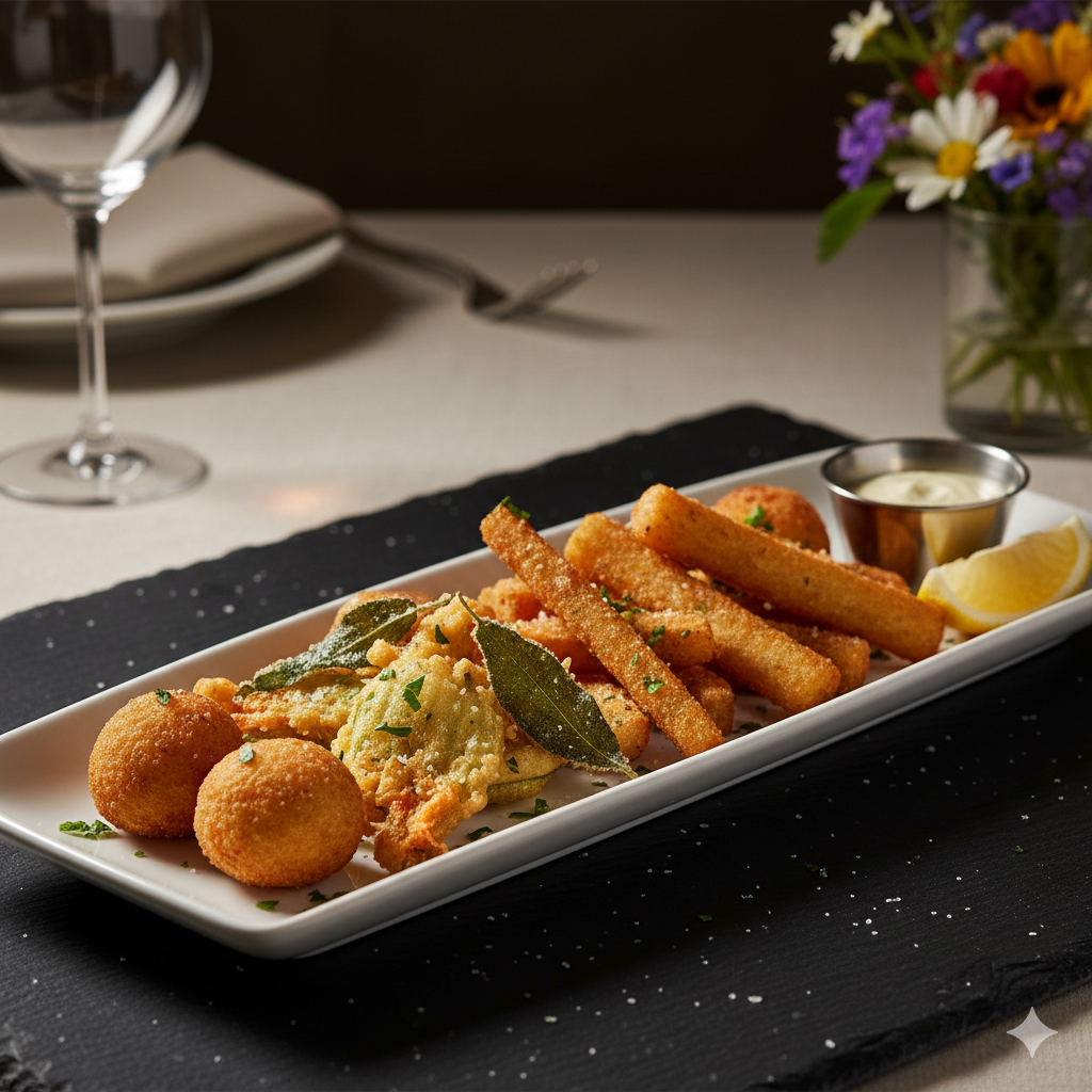 Piatto di antipasti fritti, tra cui palline e bastoncini, con salsa e fetta di limone.