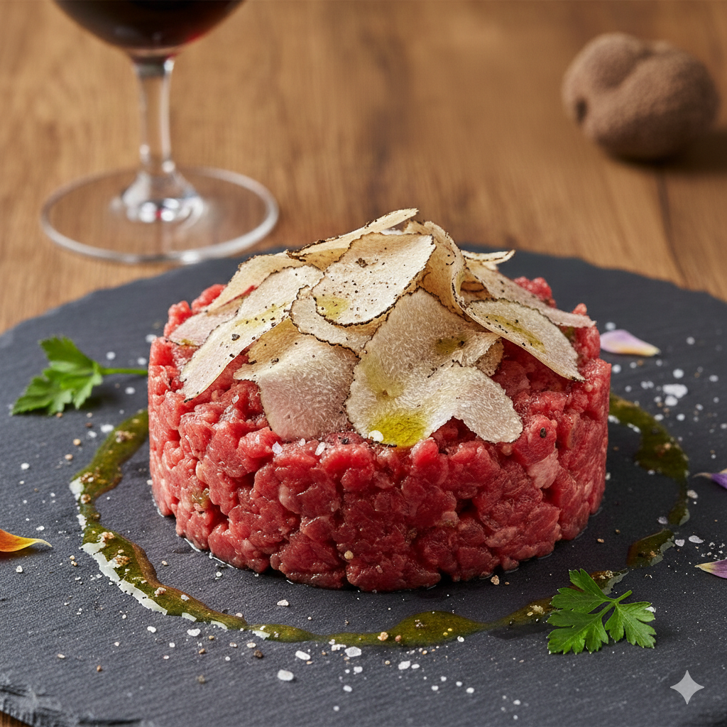 Tartare di manzo guarnita con fettine di tartufo su un piatto di ardesia, condita con olio e servita accanto a un bicchiere di vino.