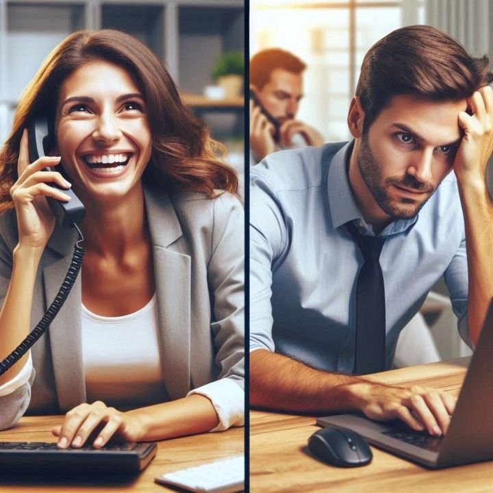 A woman is smiling while talking on a phone and a man is typing on a laptop