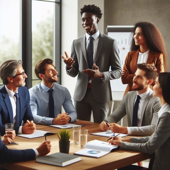 A man in a suit is giving a presentation to a group of people