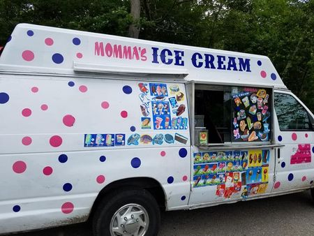 A white ice cream truck with colorful polka dots, branded