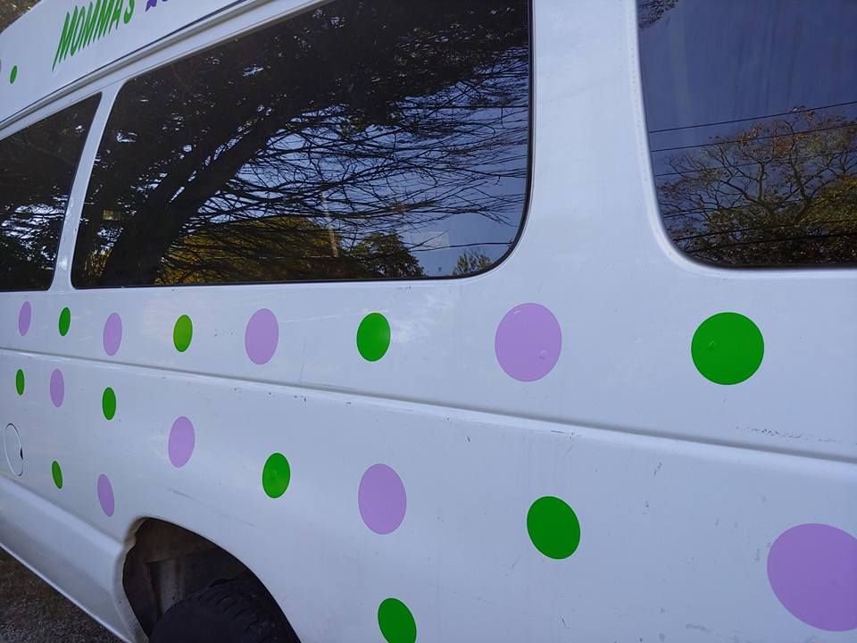 A white van side panel decorated with a repeating pattern of green and light purple polka dots.