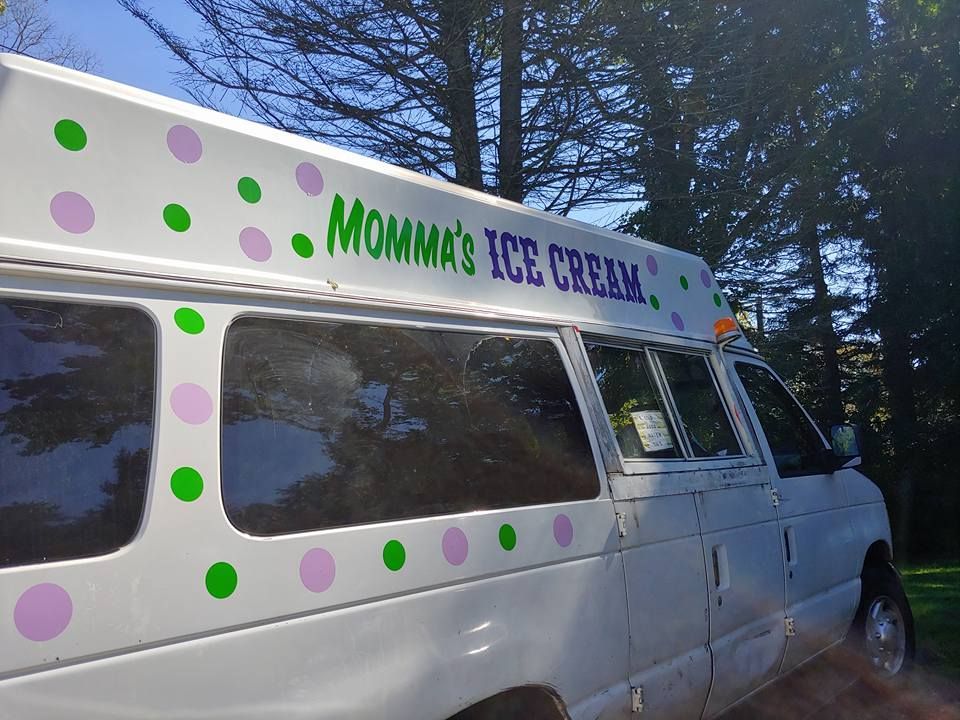 A side view of a white ice cream van decorated with green and purple polka dots, labeled