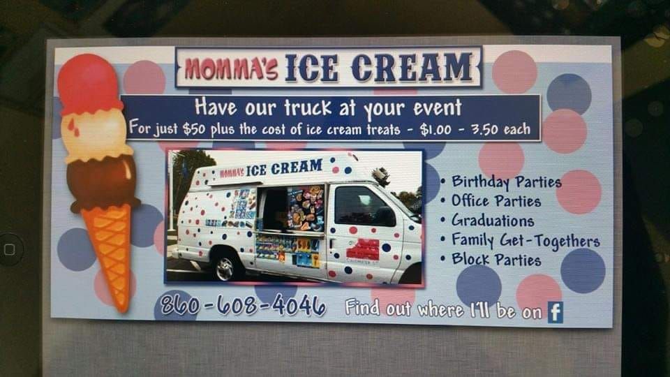 A business card for Momma's Ice Cream truck featuring event booking info, contact number, and a graphic of an ice cream cone.