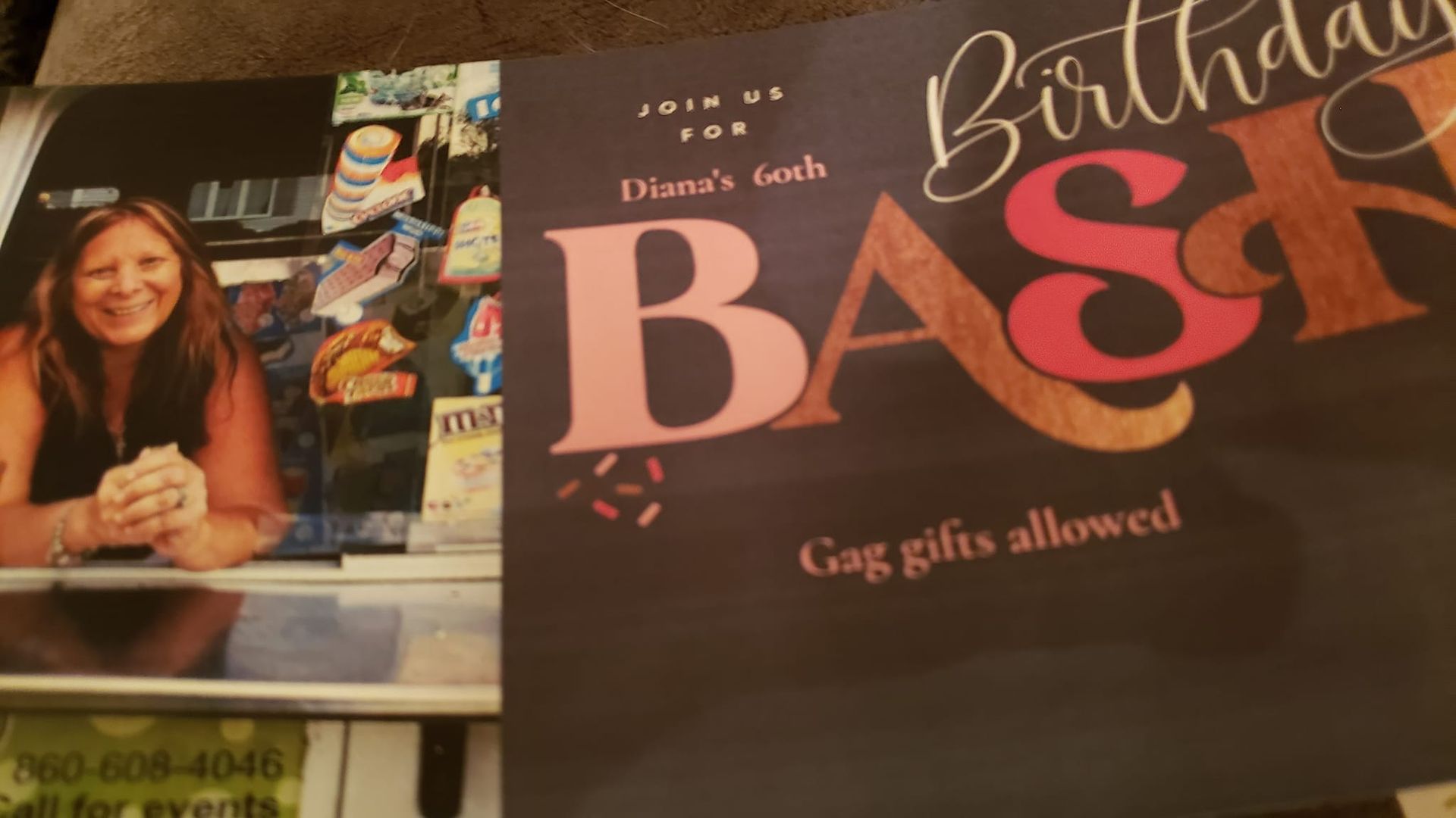Invitation for a 60th birthday bash featuring a photo of a person smiling behind a counter and the text “Gag gifts allowed.”